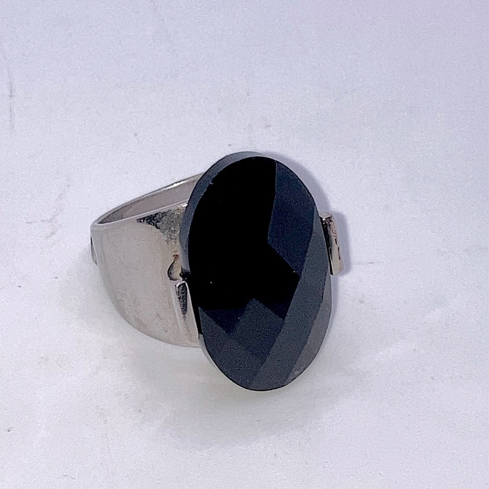 Elle Sterling Onyx & Ruby Accent Wide Band Statement Ring Sz 7.75 Vintage